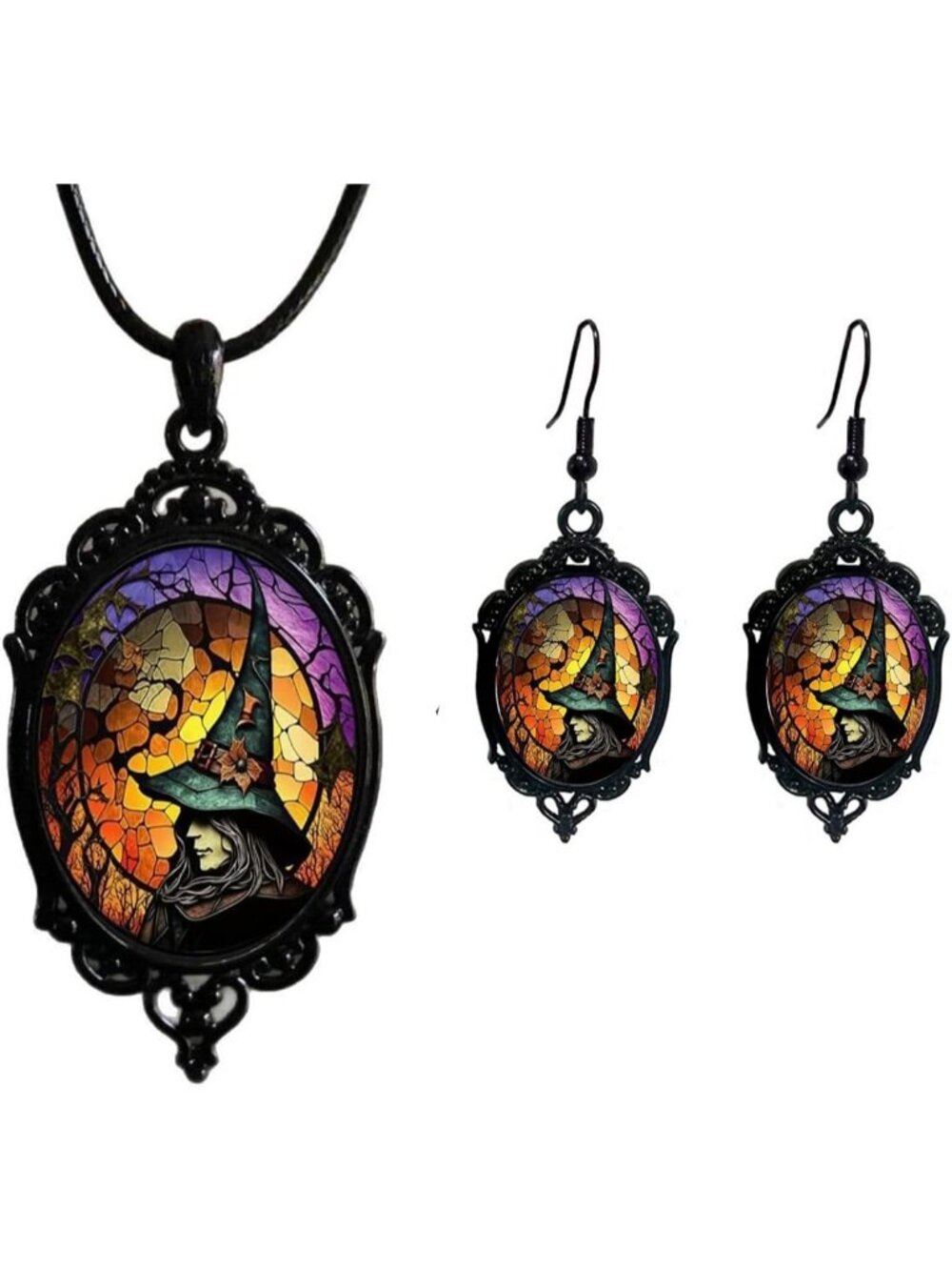 Vintage Gothic Raven Bat Witch Jewelry Set Cameo Necklace EarringsC1:Witch